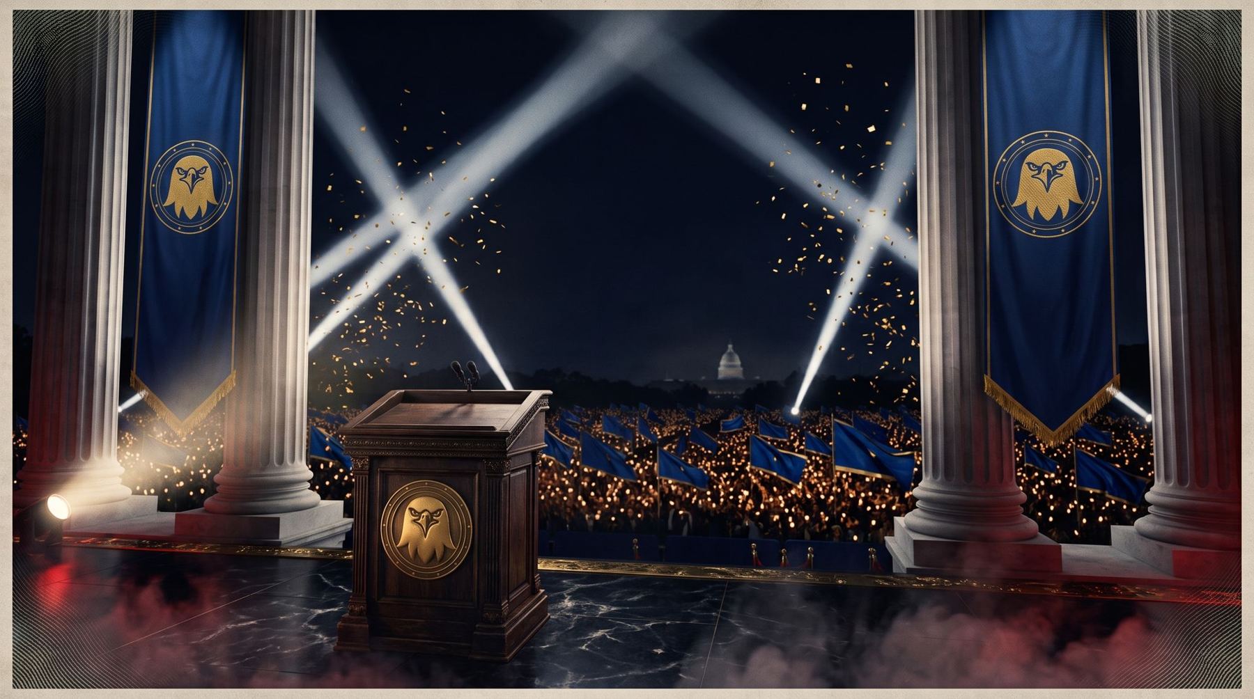 A presidential podium in front of a vast torch-lit rally, eagle banners either side